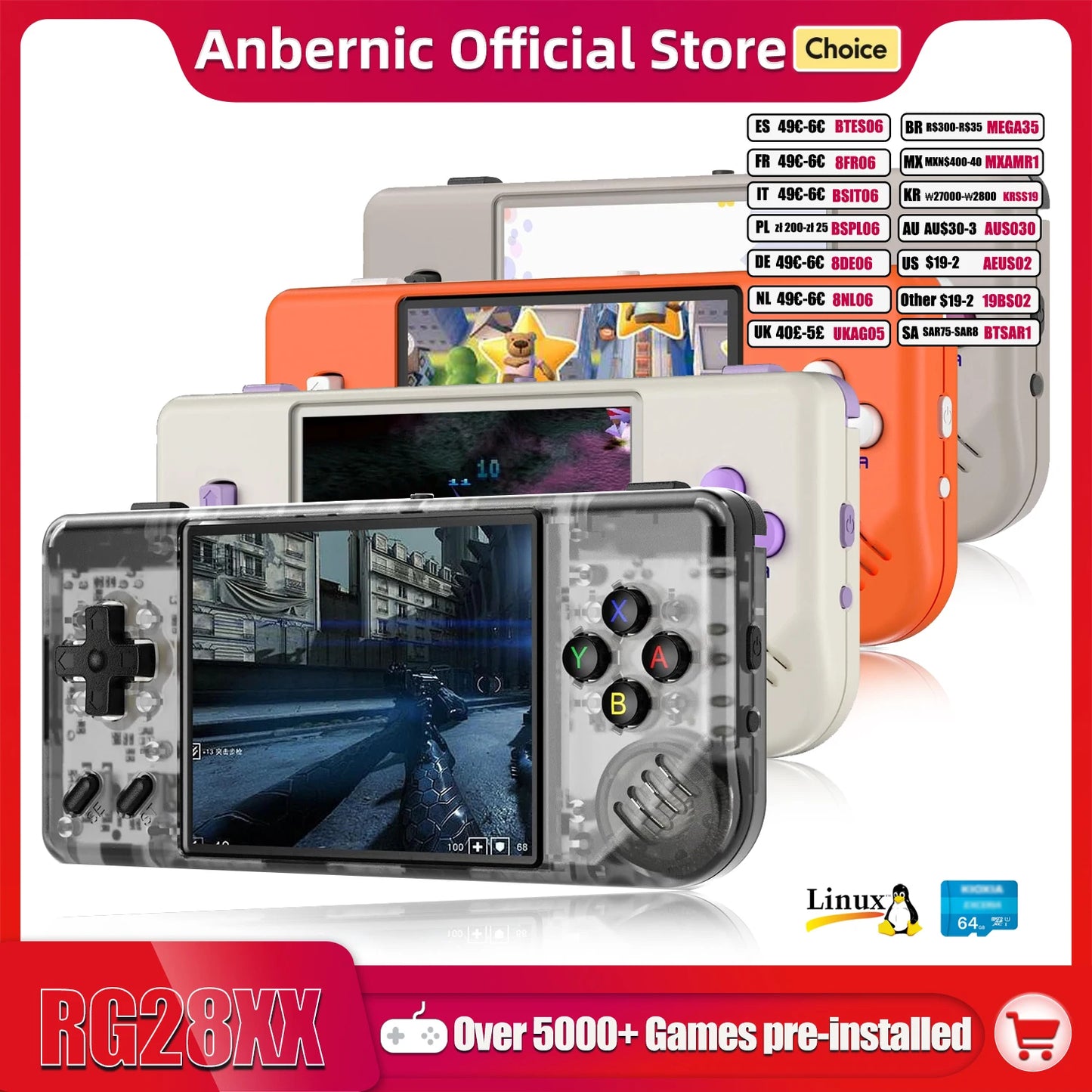 RG28XX Handheld Game Console 2.83-Inch 640*480 IPS Screen Linux System 3100Mah Support Tv-Hdmi-Output 64G 5000+ Games