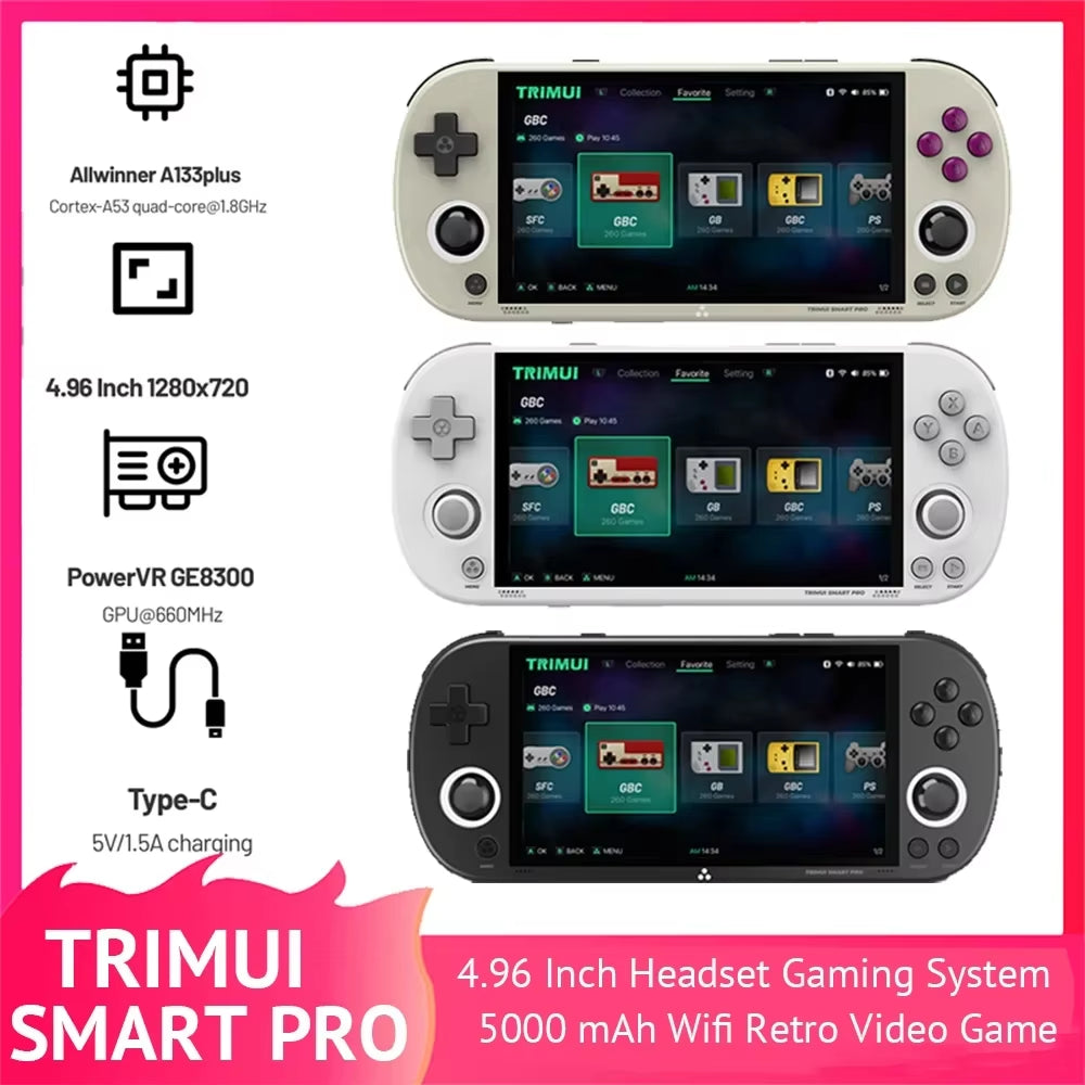 Smart Pro Handheld Game Console Retro Video Game 4.96''IPS Screen Linux System Joystick RGB Lighting Smartpro 2024 New